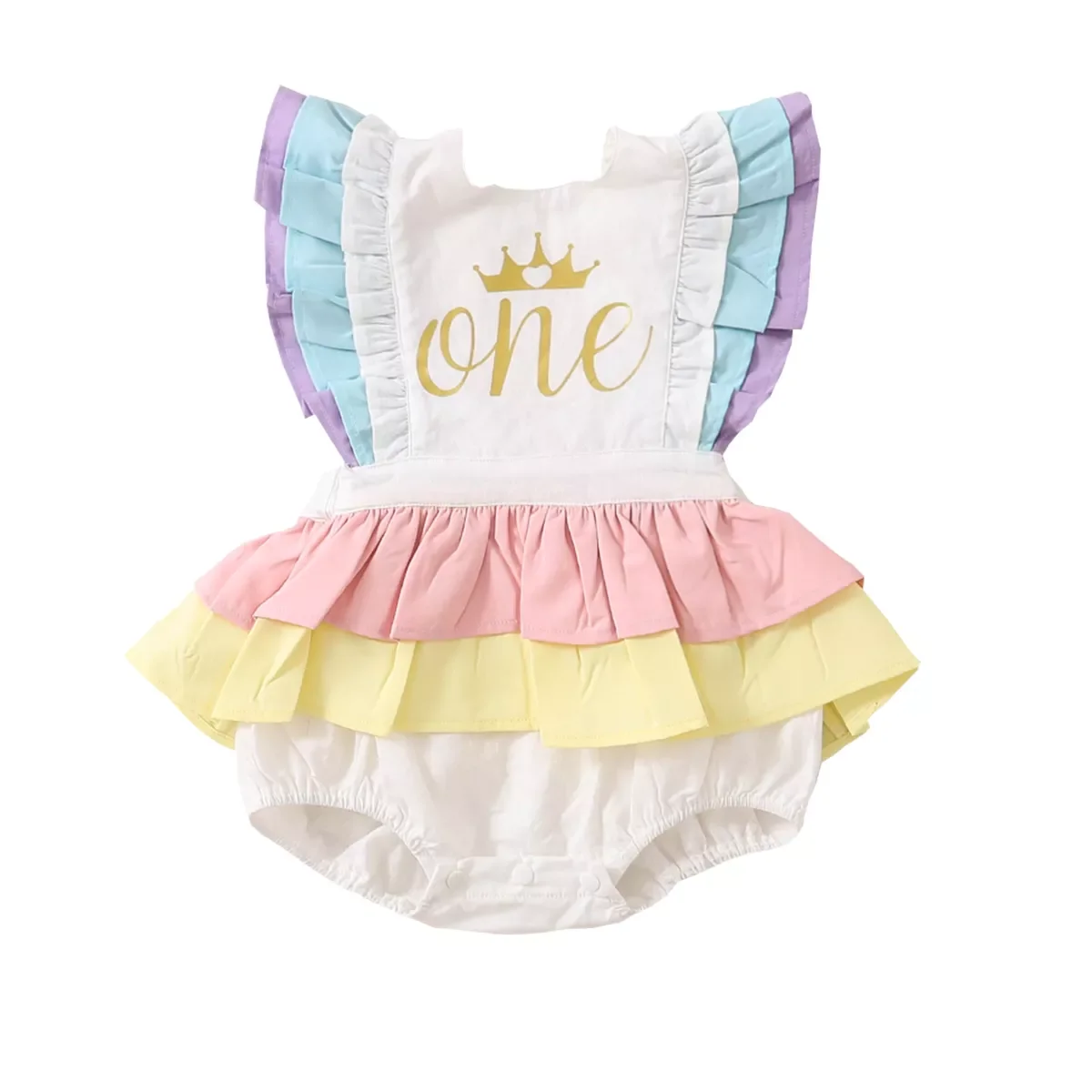 Newborn Baby Girl Birthday Cotton Romper Ruffled Lace Sleeveless Golden Letter One Crown Jumpsuit Bow Fluffy Skirt