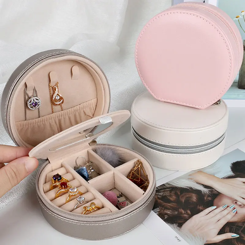 

With Mirror Jewelry Organizer Display Travel Jewelry Case Boxes Portable Necklace Jewelr Box Leather Storage Earring Ring Holder
