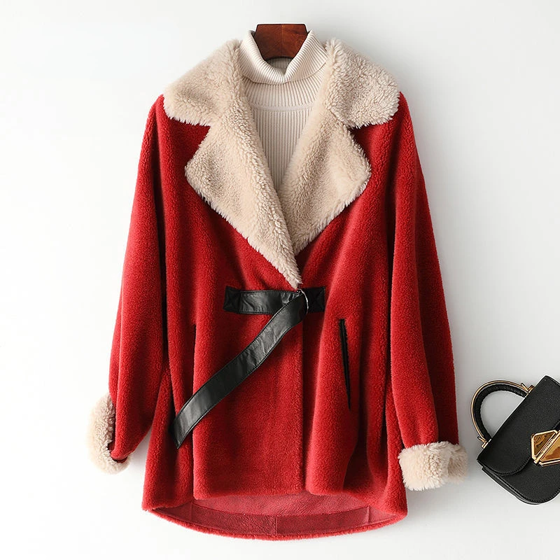 Women 2022 Winter Fashion Real Wool Fur Overcoat Female Sheep Shearing Jackets Casual Warm Coats Ladies Outwear with Belt E690