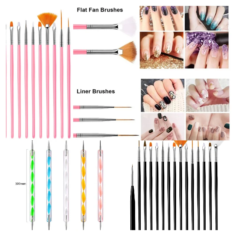 15Pcs Nail Art Brush Design Tip Painting Drawing Carving Dotting Pen FlatFan Liner Acrylic Gel UV Polish Manicure Supplies Tools