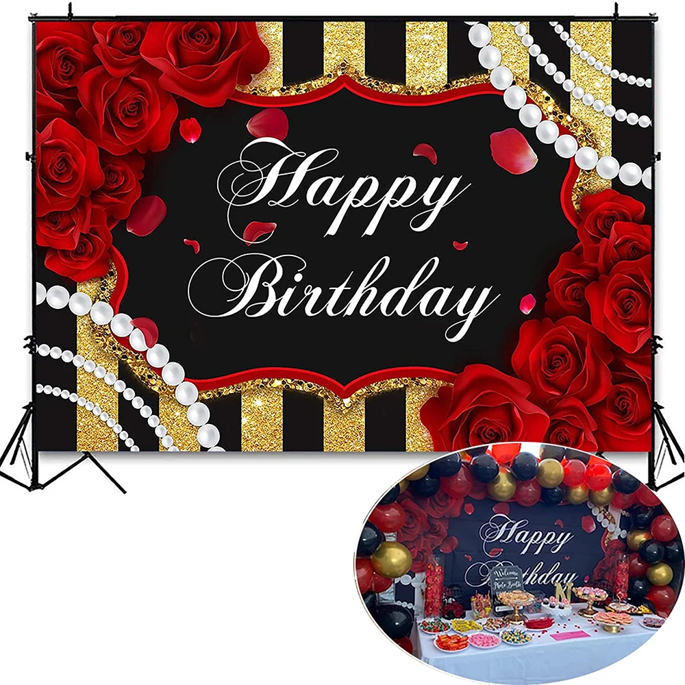 

Red Rose Flowers Gold Stripe Diamond Invitation Glitter Bokeh Happy Birthday Backdrop for Girls Women Party Banner Photo Booth-2