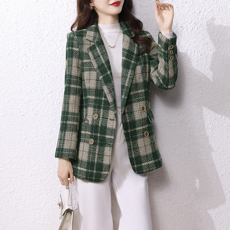 

Women's Autumn and Winter New Korean High-end Temperament Lapel Long Sleeve Double Button Fashion Slim Plaid Versatile Wool Coat