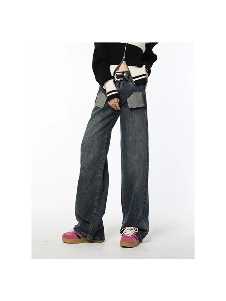 

Женские свободные джинсы в стиле Харадзюку, уличная одежда с высокой талией и широкими штанинами, модные мешковатые джинсы в стиле пэчворк с карманами, Осень-зима 2023