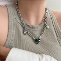 sweet and cool hot girl style titanium steel double layered necklace female trendy hip hop pearl pendant chain necklaces