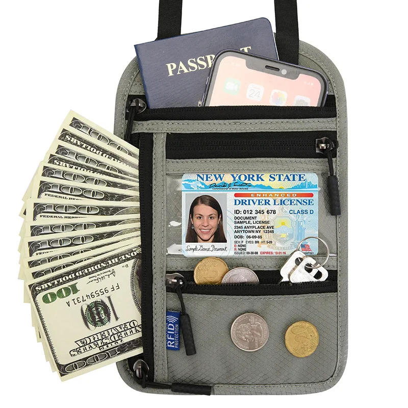 Multi-functional neck hanging passport bag RFID single-shoulder storage bag overseas ticket certificate protection cover Wallets