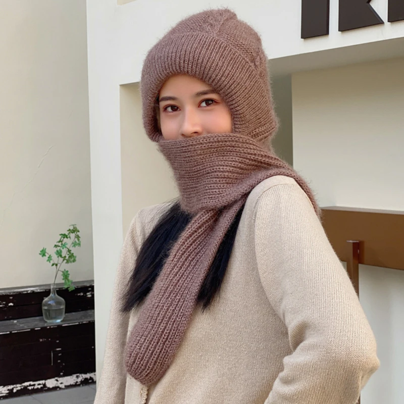 

Women Winter Warm Beanies Cap Fashion Solid Color Windproof Thick Knitted Hat Scarf Set Casual Head Cap Outdoor Hood Caps