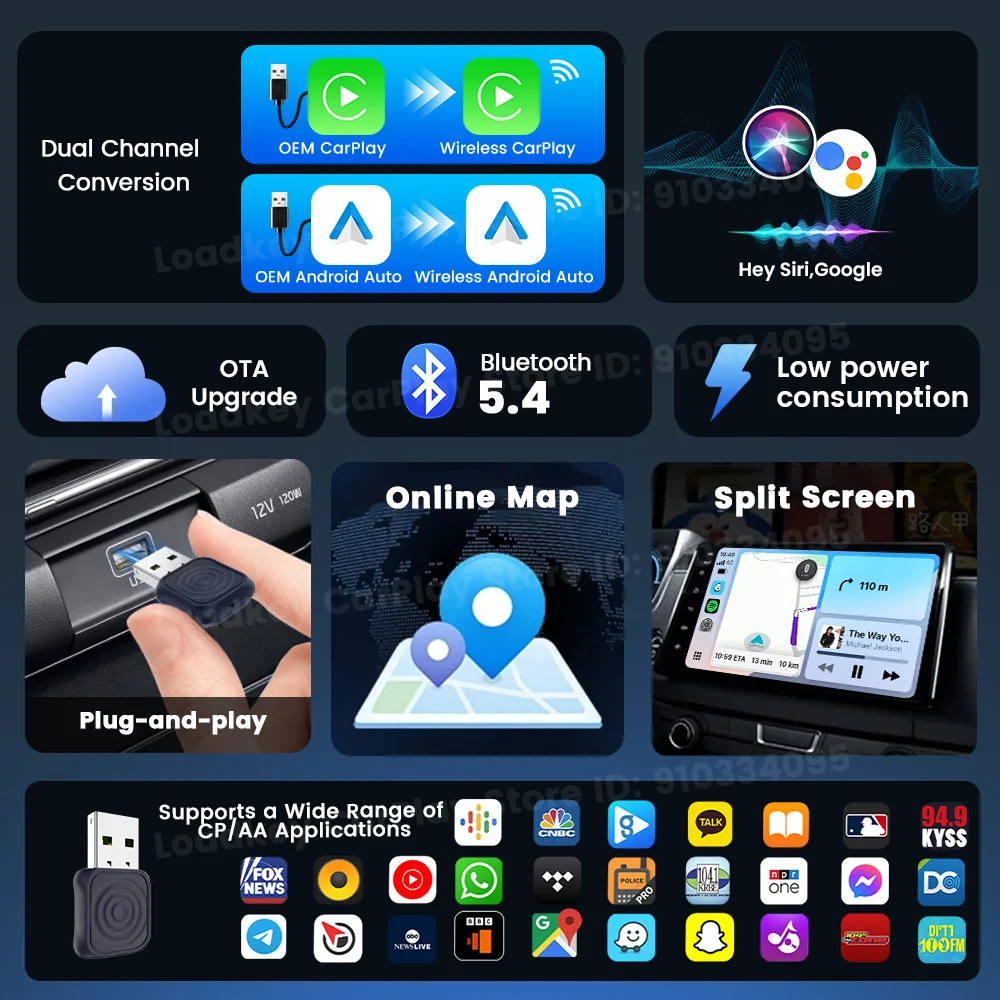 Фото Беспроводной адаптер Carlinkit CarPlay, беспроводной Android-адаптер 2 в 1, автоматическое подключение для Mazda Subaru Citroen Audi Mercedes Kia №4
