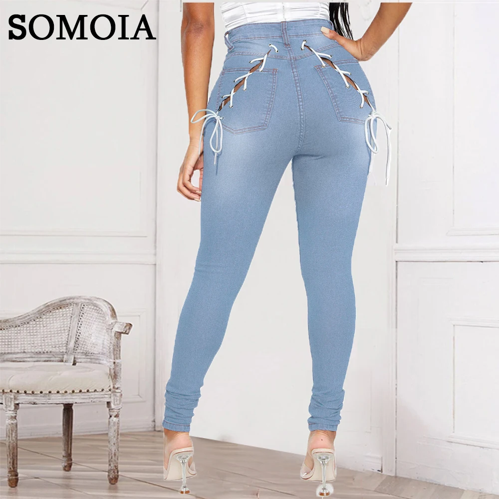

Plus Size Streetwear Bodycon Jeans Sexy Strappy Denim Pants Cowboy Hollow Out Tights Trousers Wholesale Items Dropshipping