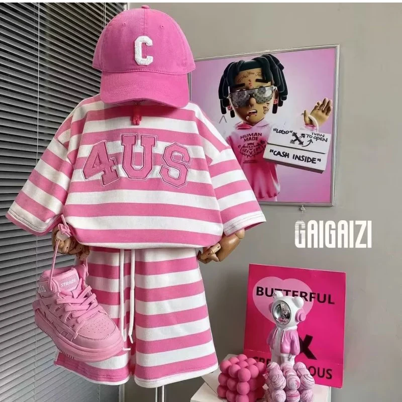 

Girls Boys Clothes Sets 2Pcs Outfits Korean Striped T-shirt+Short Clothing Tracksuit SuitChildren New Summer 2023 2 6 8 10 12 T