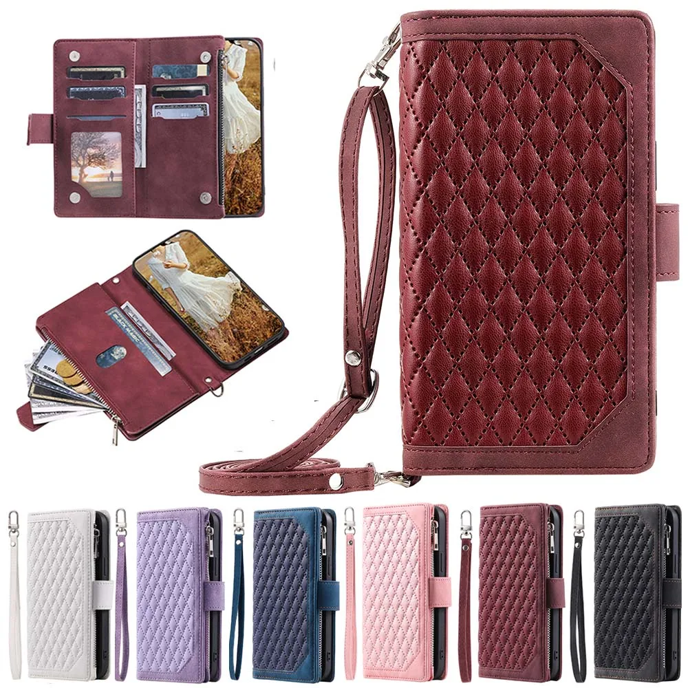 Zipper Wallet Multi Card Slots Case For Samsung Galaxy Note 20 Ultra S22 Plus S21 FE S20 S10 S9 S8 S7 Edge Flip Cover With Strap