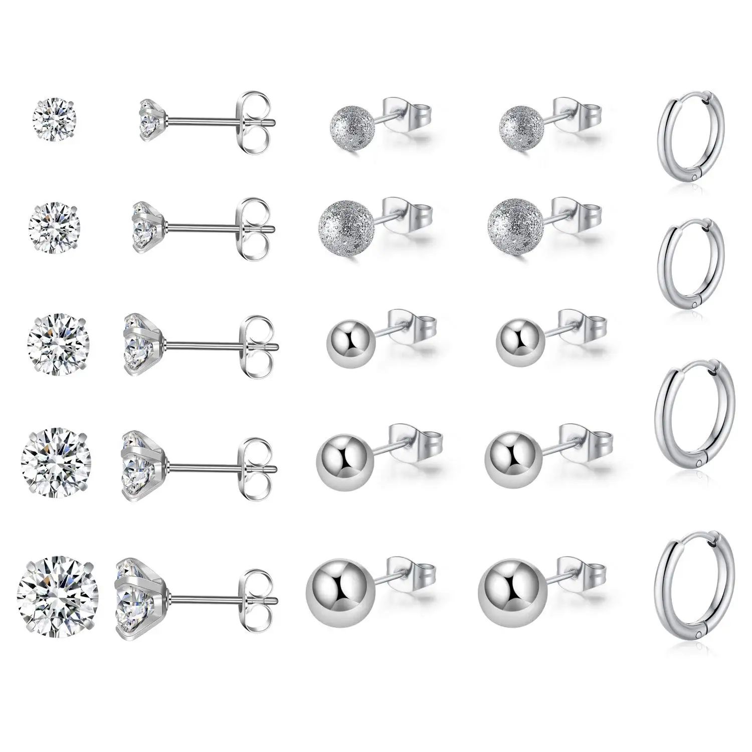 

12 Pairs Stud Earrings Set Stainless Steel Cubic Zirconia Hypoallergenic Earrings For Women Men Round Ball Earrings Set