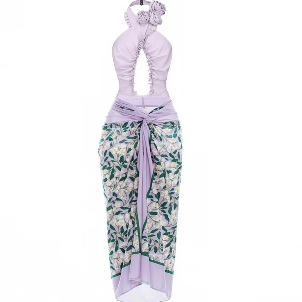 

Бикини в стиле ретро с принтом фиолетового цвета, модный слитный купальник и накидка с юбкой, облегающий женский бандажный Летний Пляжный роскошный элегантный