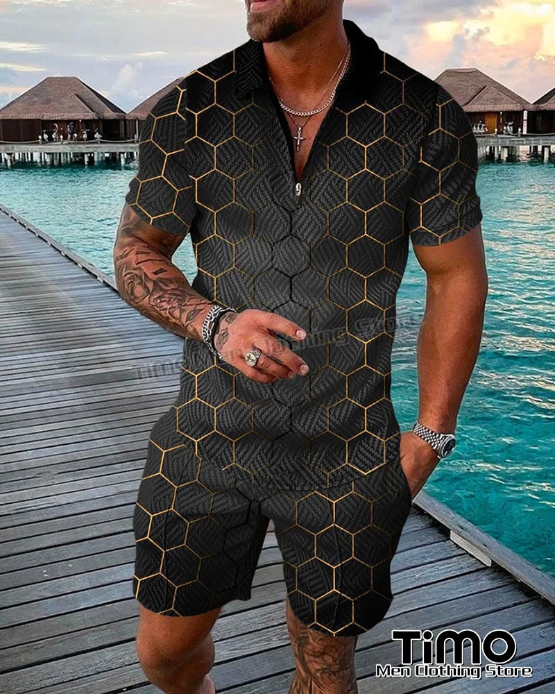 2023 Men New Sportswear Set Summer Fashion Casual Street Polo Collar Pullover+Shorts 2 Piece Men's Jogging Short Sleeve Set