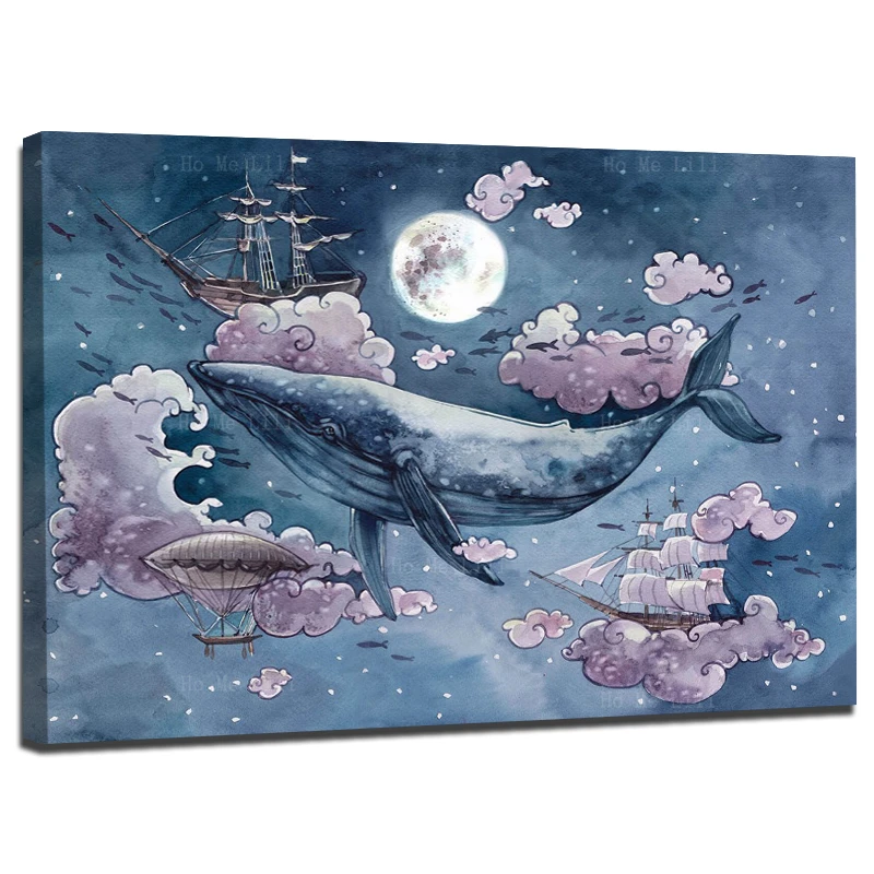 

Синий кит, Летающий в мечте небо, розовые фиолетовые облака, луна, корабль, сказка, холст, настенное искусство, Декор, живопись