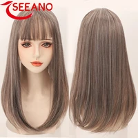 seeano synthetic short straight hair topper with bangs invisible 3d hair wig for women clip in hair extensions
