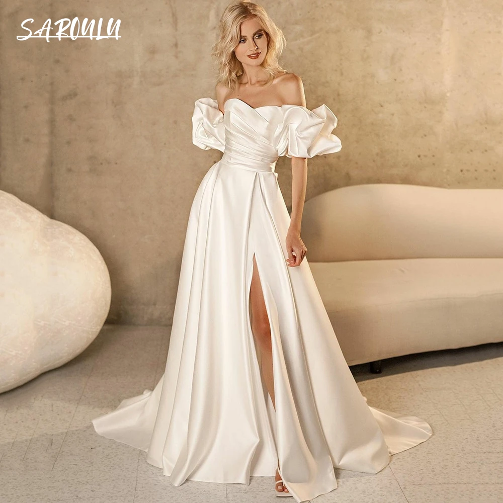 

Princess Satin Wedding Dresses Short Puffy Sleeves Sweetheart Bridal Gowns Sexy High Slit Elegant Brides Dress