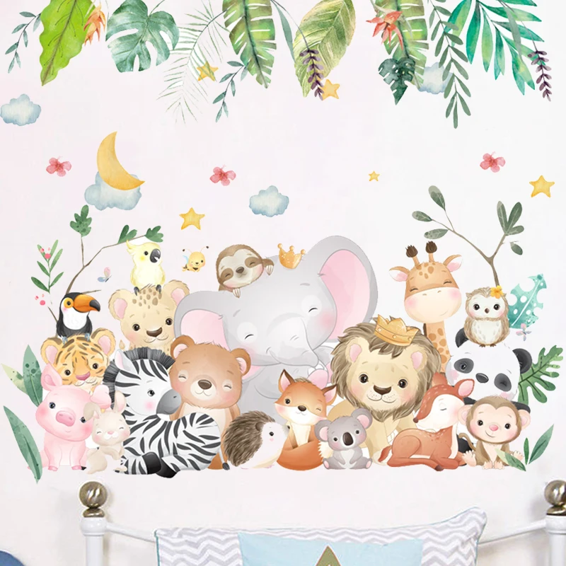 

Large Cartoon Forest Animals Wall Stickers for Kids Rooms Girls Boys Baby Room Decorartion Cute Elephant Giraffe Lion Wallpaper