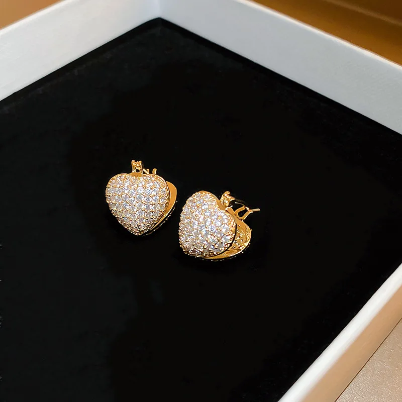 

Minar Delicate Shiny Full Zircon Heart Shape Stud Earrings for Women Gold Color Copper Double-faced Love Statement Earring 2022