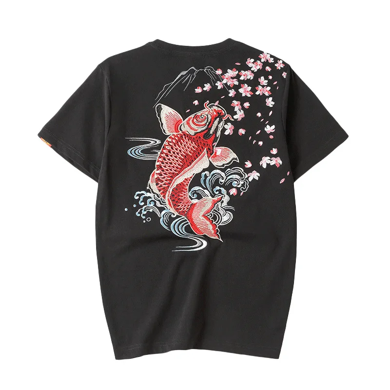 

Summer Men's Chinese Style Black Carp Embroidery T-Shirts Fashion Streetwear Hip Hop Short Sleeve T-Shirts