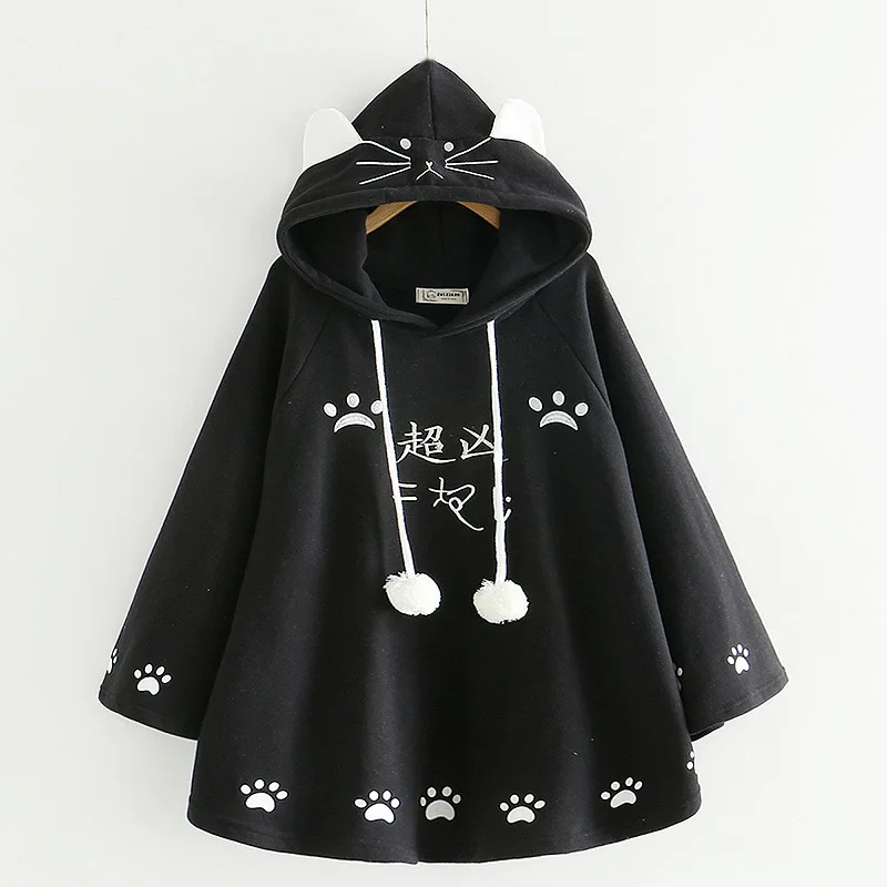 

Fashion Women Kawaii Cat Ear Sweatshirt Japanese Cute Paws Girls Casual Outerwear Harajuku Cloak Fleece Loose Hooded Hoodies