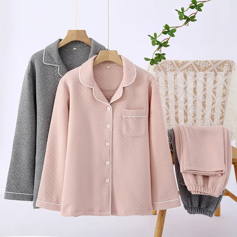 Couple Winter Pajamas Set Solid Color Air Layer Cotton Sleepwear Suit Breathable Warm Home Clothes V-neck Nightwear Men Women