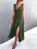 2022 new summer long solid color dress ladies casual bohemian high waist solid color sexy v neck strap sleeveless slit dress