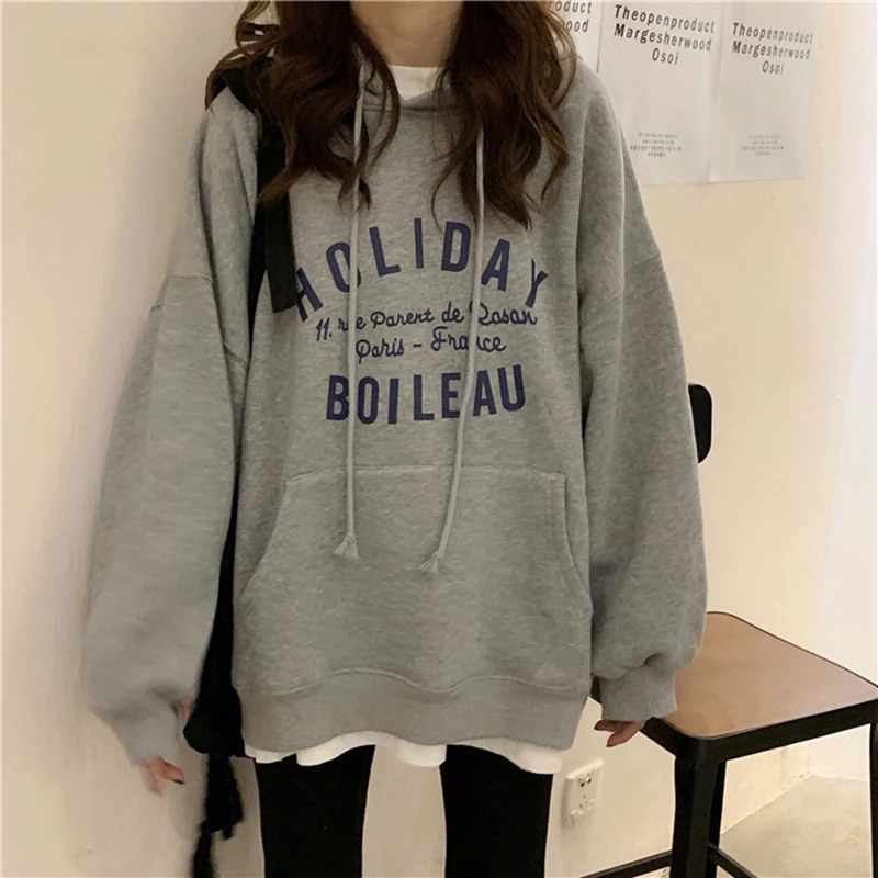 

Grey Hoodie Women Sweatshirt Printing Vintage Long Sleeve Korean Fashion Casual Y2K Style Autumn 2023 NEW Female Pullover Tops