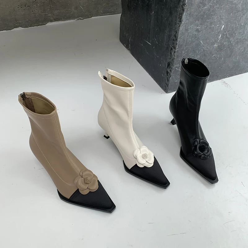 

Pointed Toe Women Sock Boots Stretch Shoes Thin High Heels Autumn Spring Elegant 2022 New Arrivals Back Zipper Black Flower