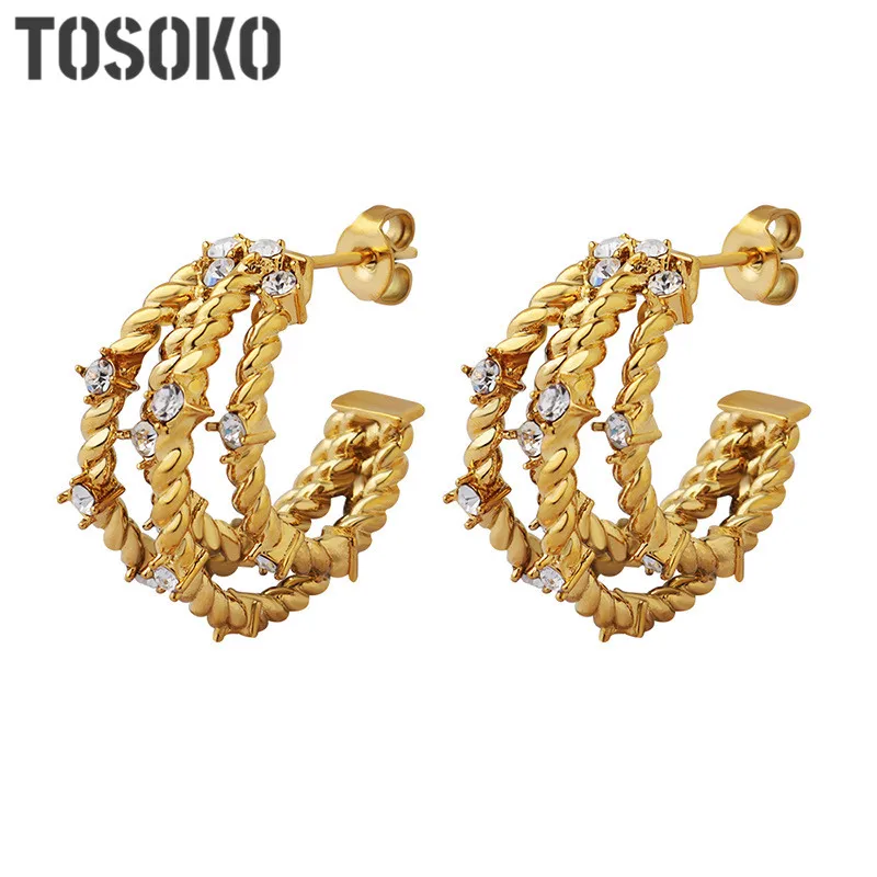 

TOSOKO Stainless Steel Jewelry Zircon Inlaid Four Layer C-Shaped Earrings Women's Fashion Earrings BSF077