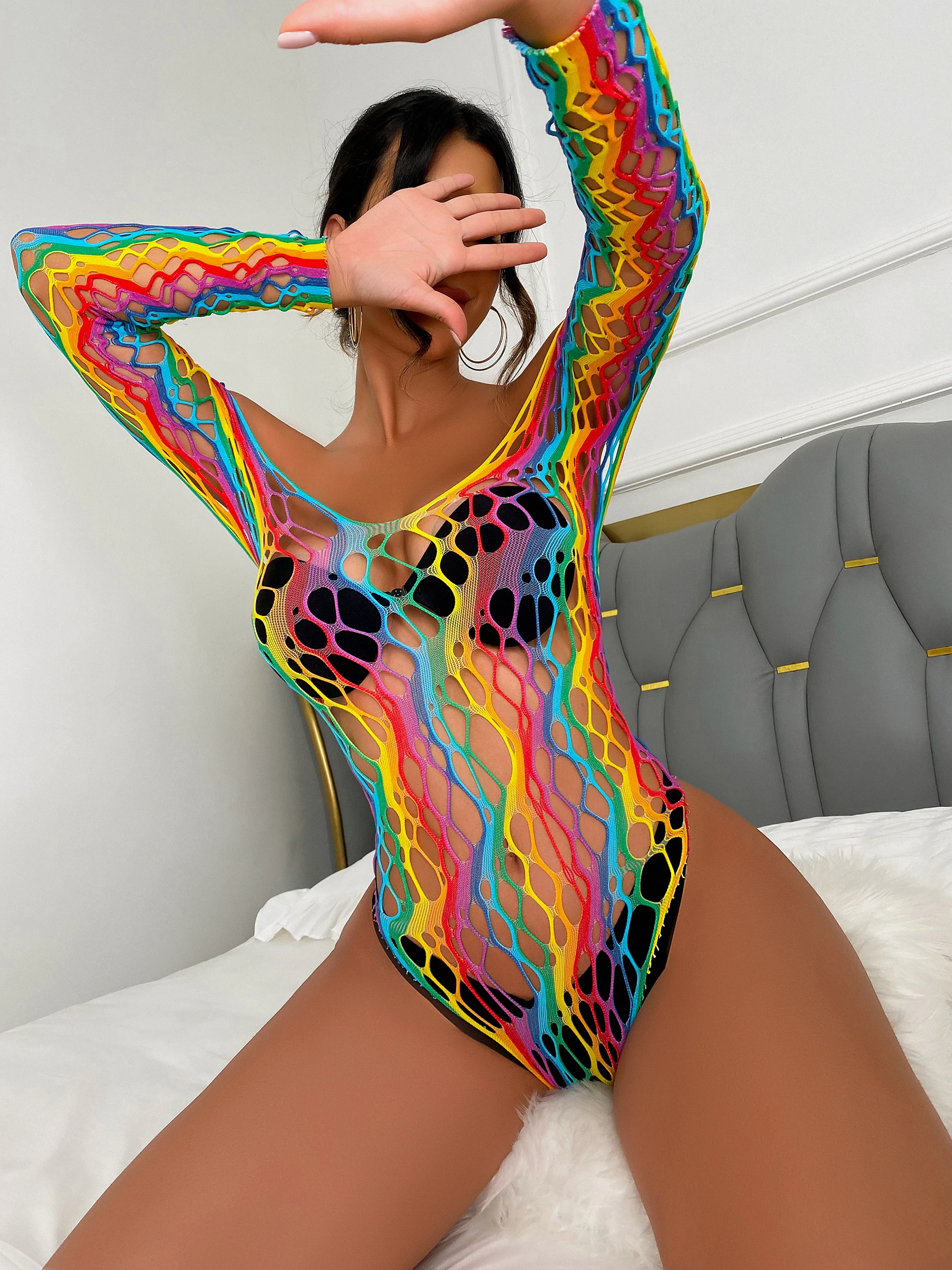 

Новое поступление, модное сексуальное облегающее Радужное сексуальное платье с длинным рукавом, сексуальное женское белье, пляжная одежда