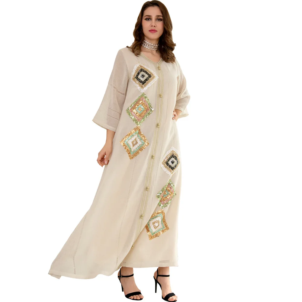 Muslim Women Dress Cotton and Linen Dubai Turkey Fashion Jalabiya Loose Sequins Embroidery Kaftan Abaya Islamic Clothing