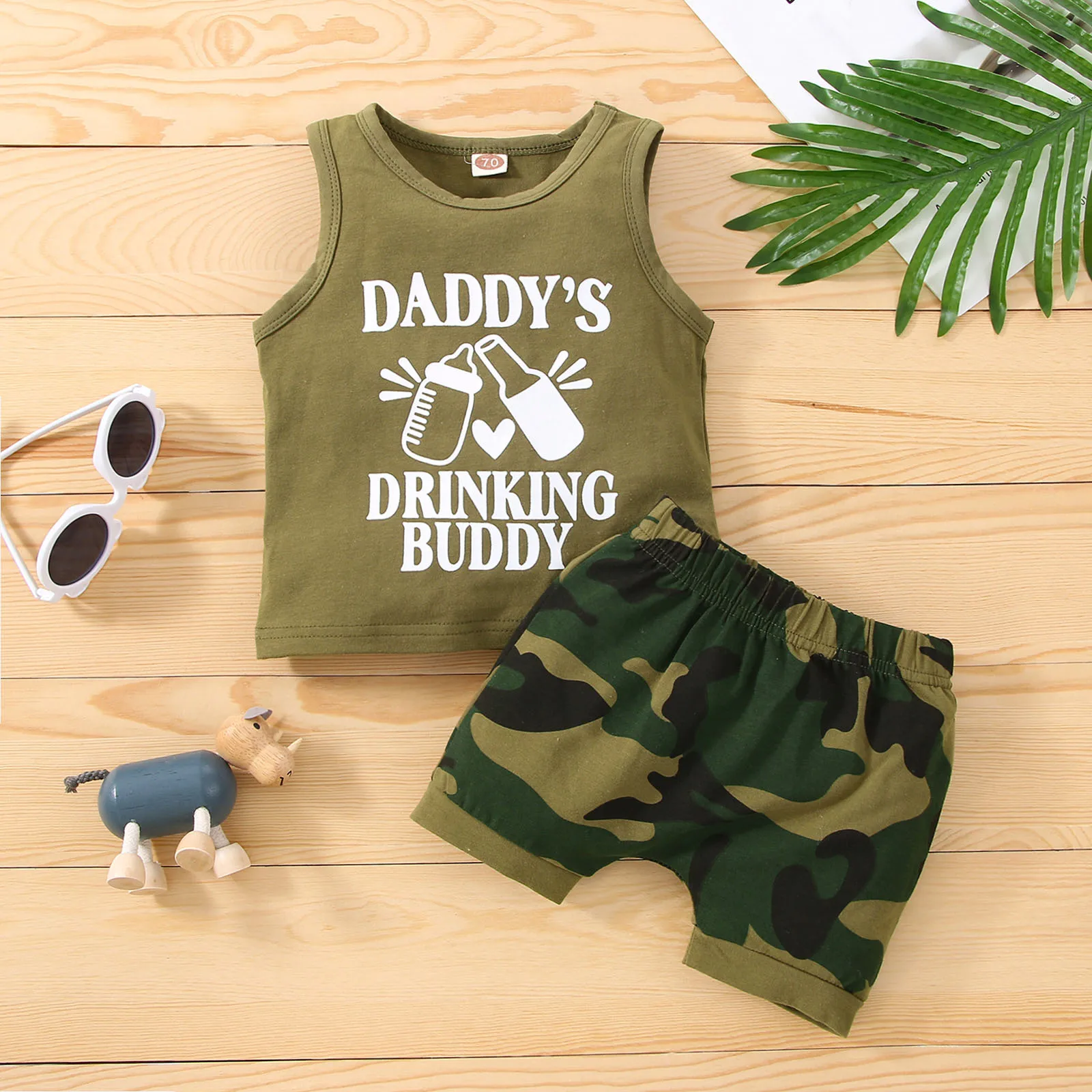 

Cool Baby Boy Shorts Set, Round Neck Sleeveless Lettering Tops Elastic Waist Camouflage Short Pants for Summer