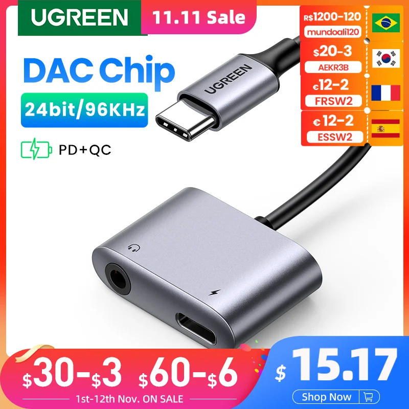 

UGREEN USB C to AUX Cable Adapter Type C 3.5mm AUX Earphone Converter DAC Chip PD QC Charging For Huawei iPad Pro Samsung Pixel