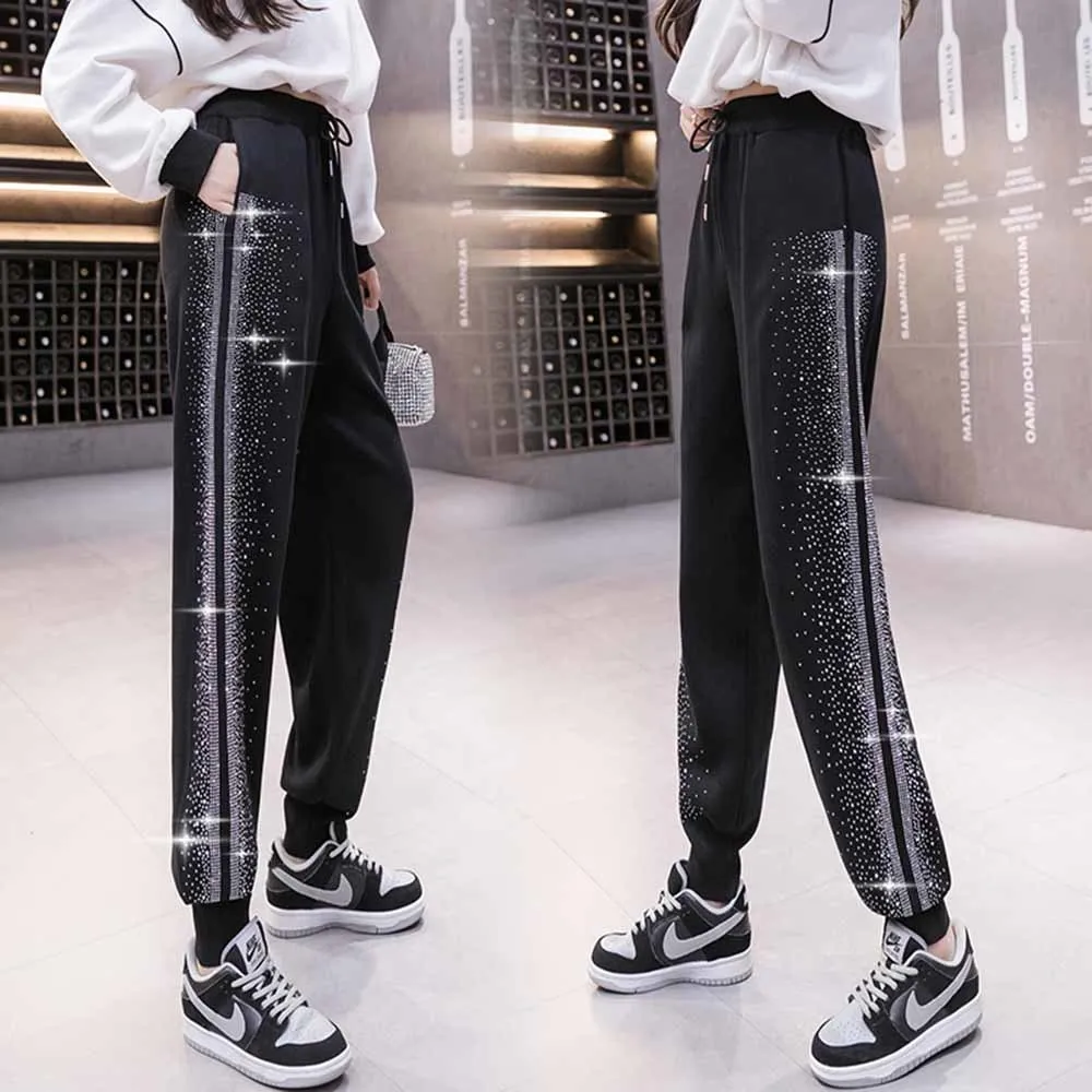 

Heavy Rhinestones Elastic Waist Sweatpants Female 2022 Spring Summer New Harem Sports Pants Women Korean Casual Pants Y2k