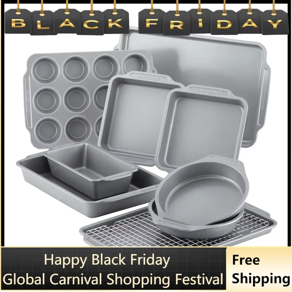 

Nonstick Cookware Set for Kitchen Free Shipping Bakeware 10-Piece Nonstick Bakeware Set With Cooling Rack Grey Baking Supplies
