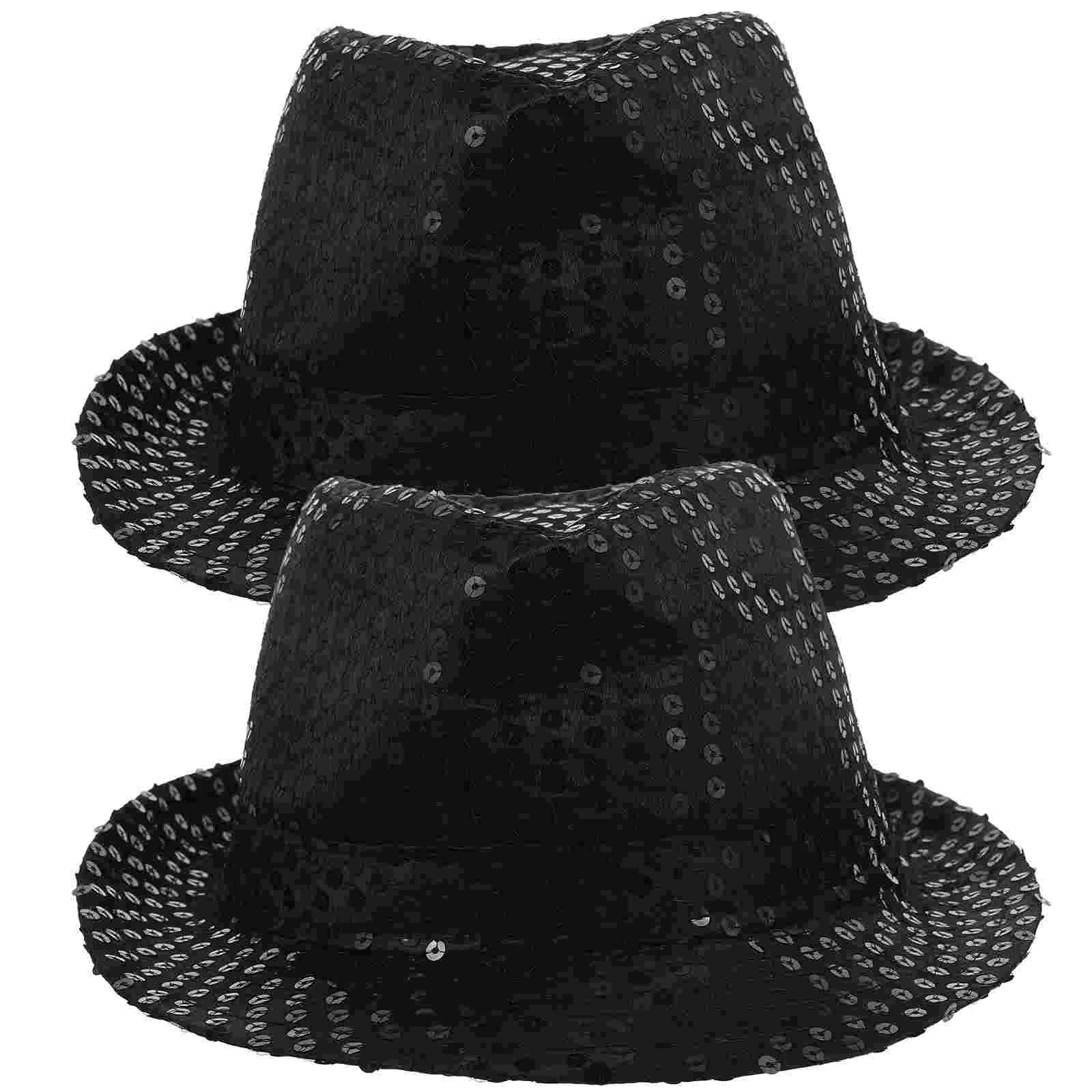 

Sequin Jazz Hat 2pcs Novelties Fedora Black Sparkle Trilby Hat Fancy Hen Party Gangster Jazz Caps for Woman Man Performance