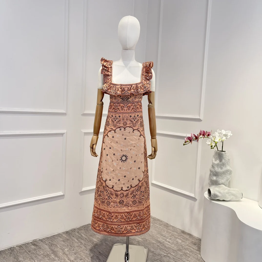 

2023 Top Quality Linen Silk New Summer Holiday Style Orange Pink Paisley Printing Frill Ruffle Straps Midi Tank Dress for Women