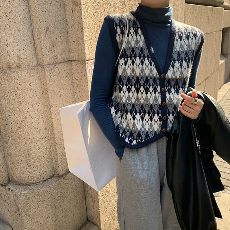 

Spring Women Vintage Knitt Argyle Vests Single Breasted Students Preppy Style Loose V-neck Casual Lazy Sweaters Chic Fashion New