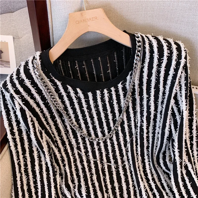 Полосатая футболка на молнии с цветными блоками и бахромой 2023 модный укороченный