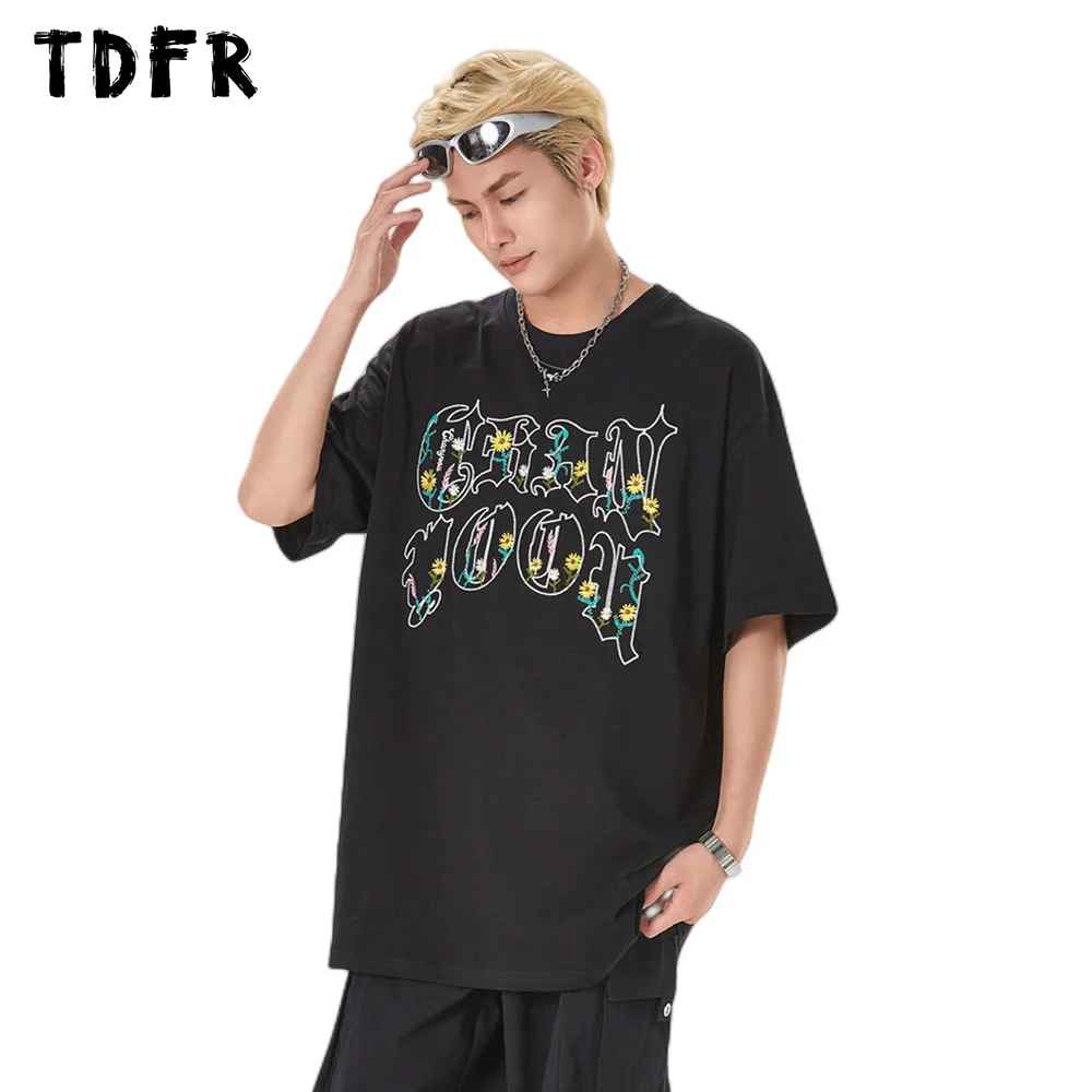 

Футболка мужская хлопковая с коротким рукавом, Повседневная Свободная рубашка с круглым вырезом, с надписью и цветочным принтом, уличная одежда, лето