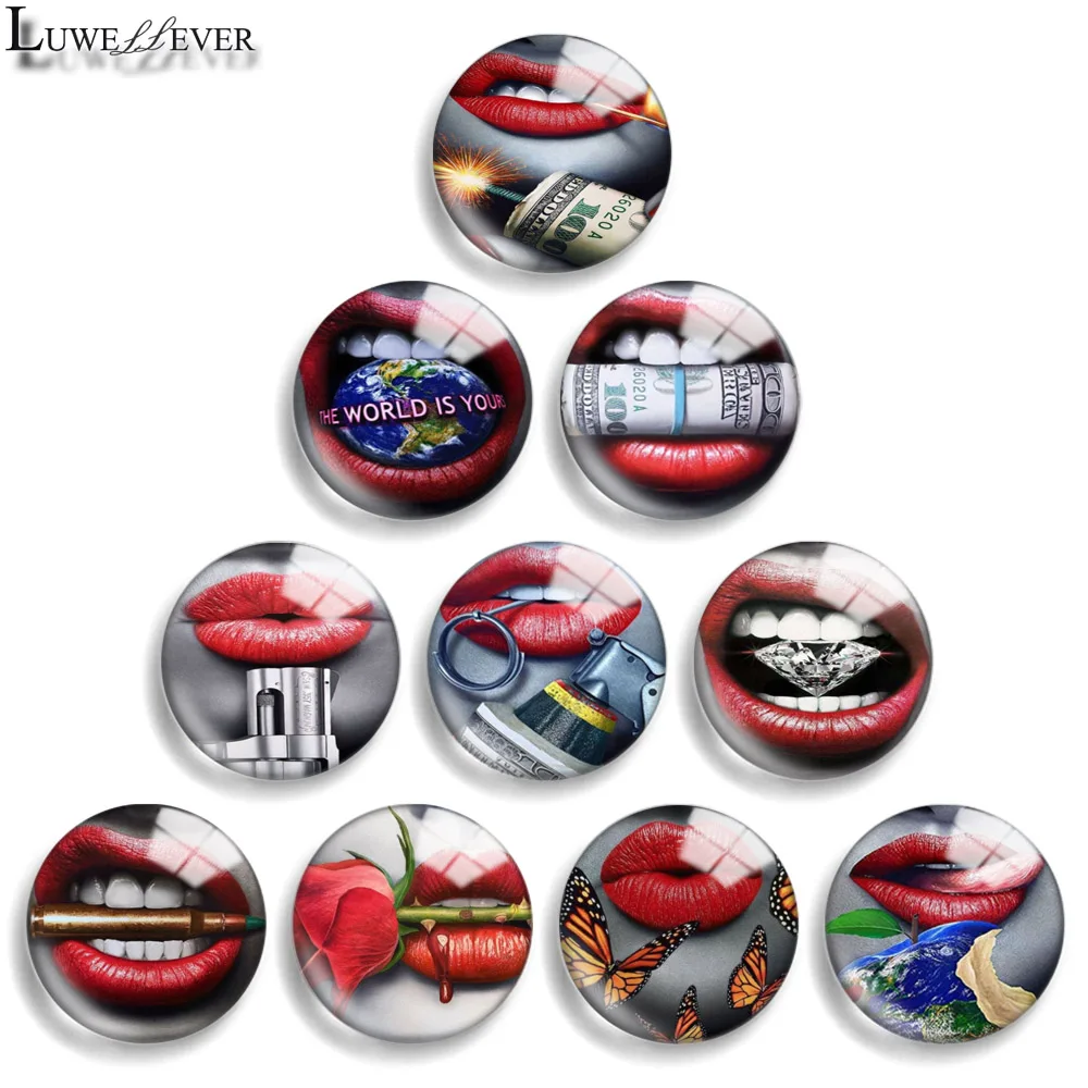 

12mm 14mm 20mm 25mm 30mm 40mm 766 Red Lips Mix Round Glass Cabochon Jewelry Finding 18mm Snap Button Charm Bracelet