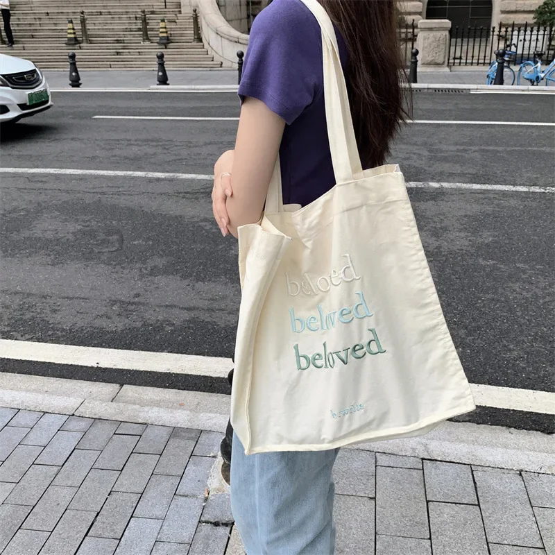 

Women's Canvas Shoulder Shopper Bag Cloth Eco Reusable Shopping Bag for Woman Student Handbag Embroidered Large Tote Book Bags