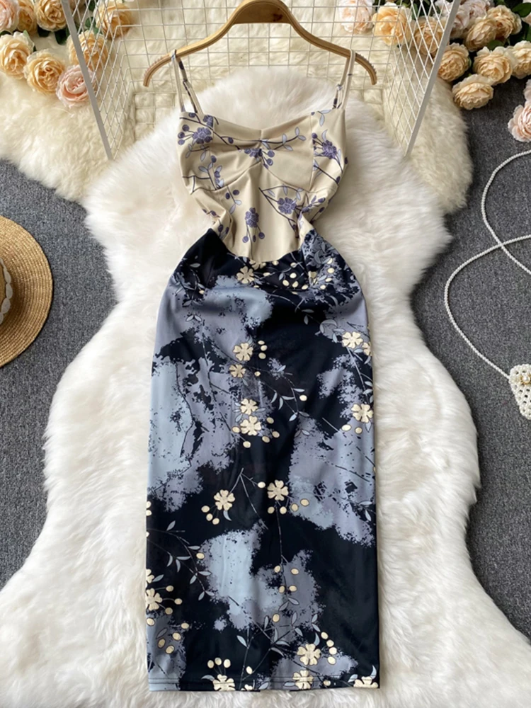 

FMFSSOM летнее Новое Женское модное сексуальное платье с принтом на тонких бретельках, повседневное облегающее платье без рукавов с открытой с...