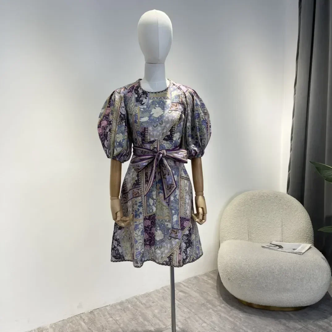 

Vintage Celestial Blue Baroque Floral Print Half Sleeve Midi Dress with Fabric Belt Women Top Quality Collection