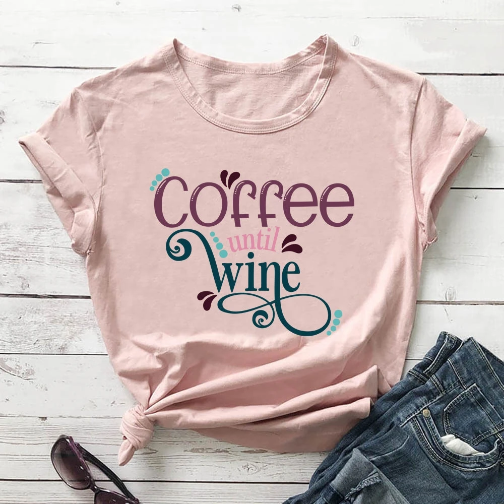 

Coffee until wine lettered color printed crew neck short sleeve T-shirt