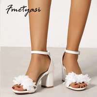 female sandals elegant flower white chunky heel summer bride shoes womens wedding pumps ankle strap block high heels 2022