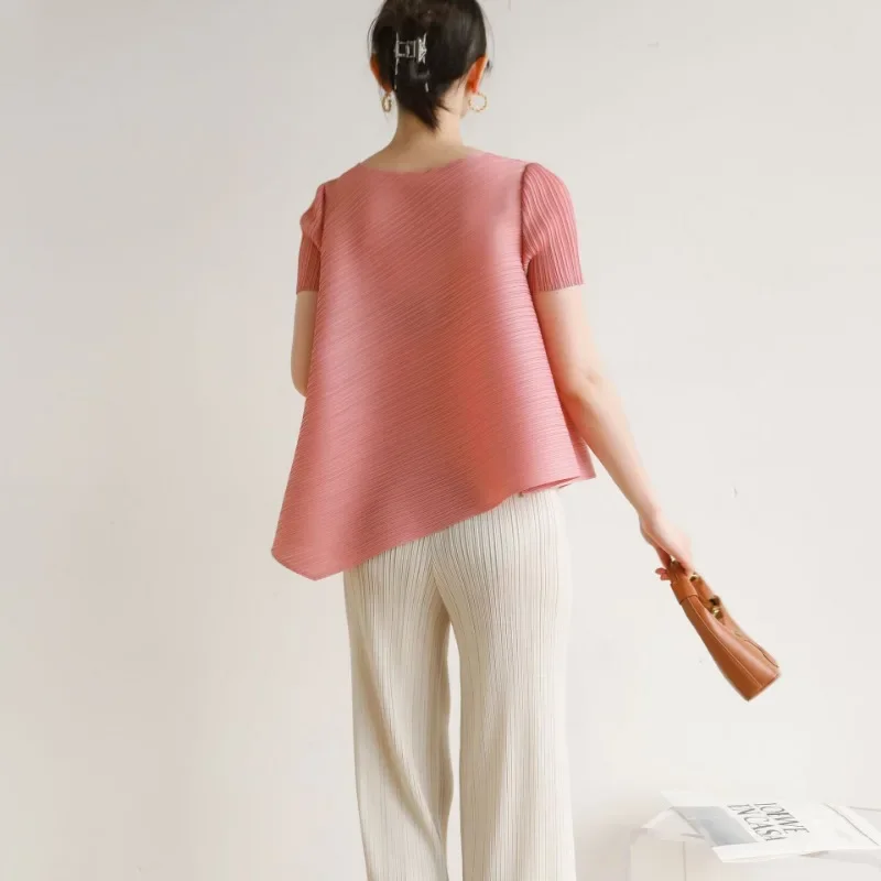 Асимметричная модная женская футболка ALSEY Miyake с коротким рукавом Новинка лета 2024