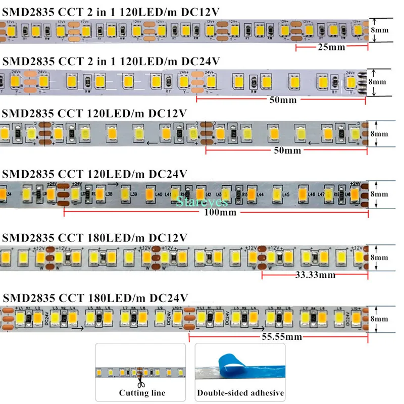 SMD 2835 CCT 120 180 LED / м 5м светодиодная полоска CRI 90+ DC12V 24V WW CW 2 в 1 Двухцветная настраиваемая температура света лента