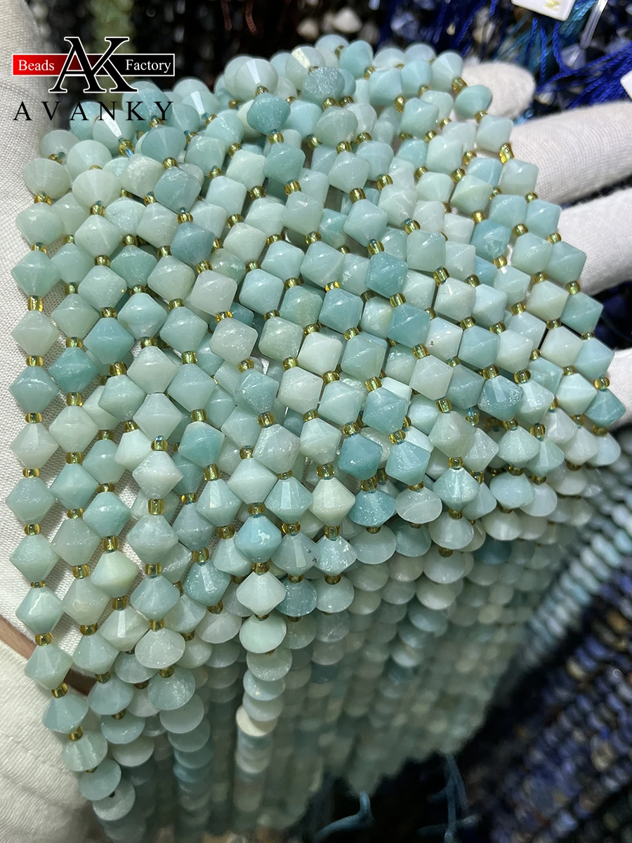 

Natural Amazonite Stone Round Crystal Pyramid Beads Faceted Loose Spacer For Jewelry Making DIY Necklace Bracelet 15'' 8mm