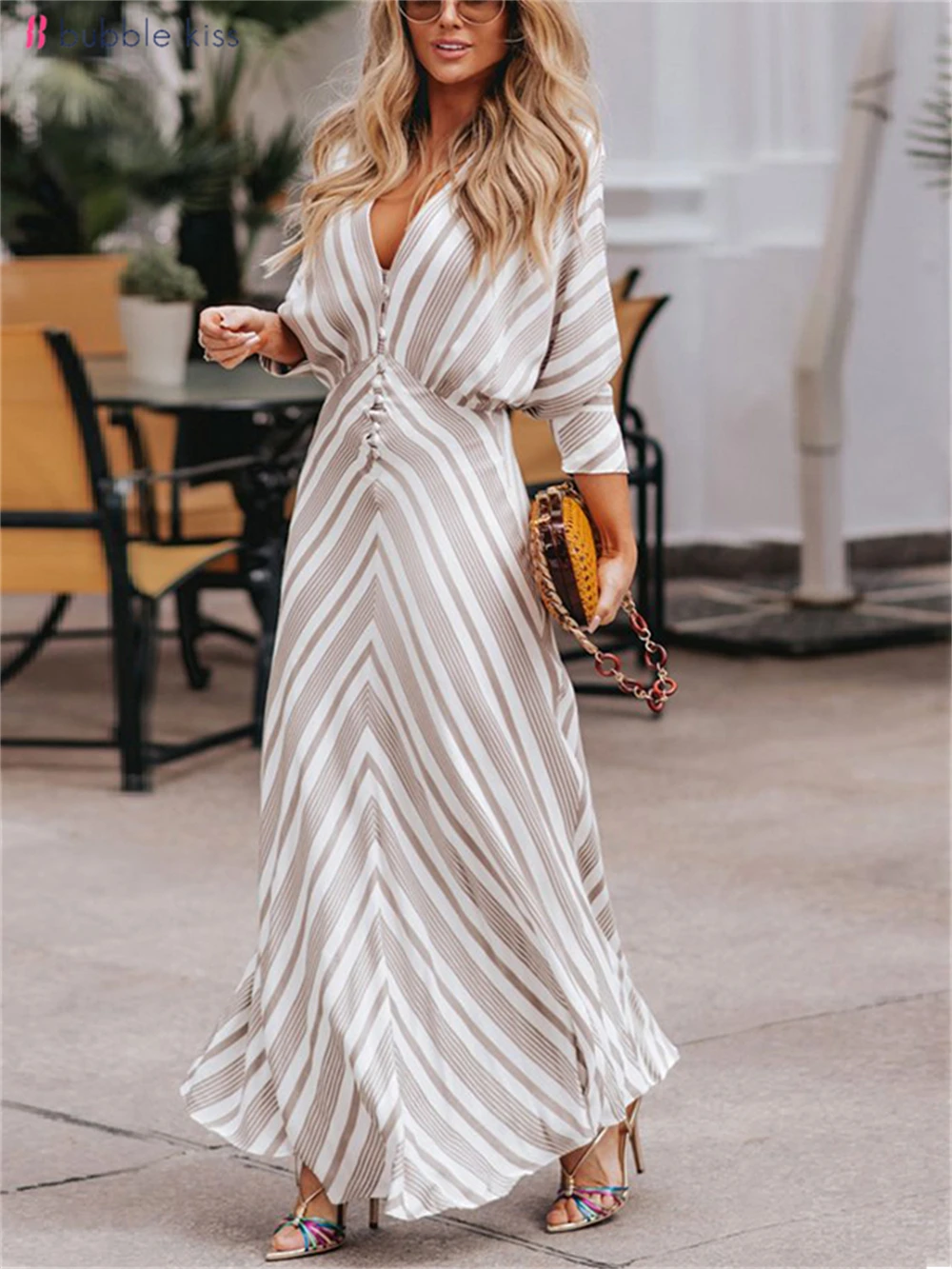 

BubbleKiss Spring Autumn Women Dress Fashion Sexy Deep V-neck Striped Button Long Sleeve Dress Floor-Length Vacation Party